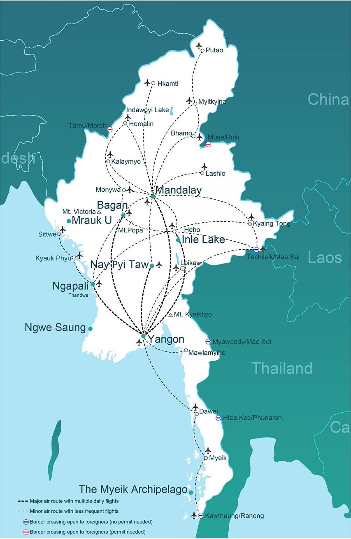 Birmanie la carte d'aéroports
